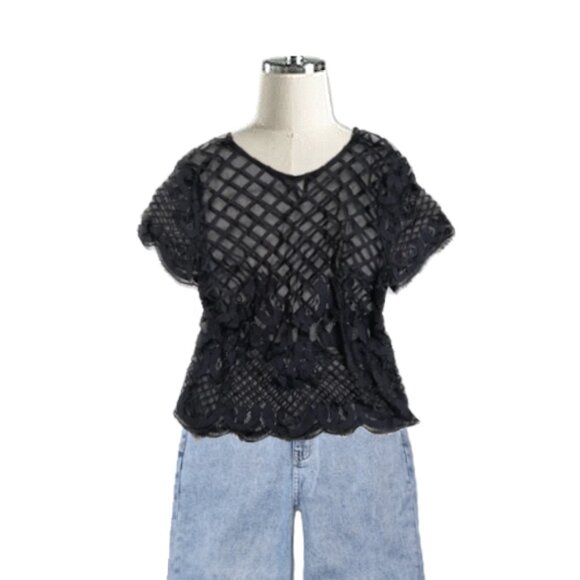 black sheer scallop guipure lace trim cutout short sleeve blouse with cami top - Picture 1 of 6
